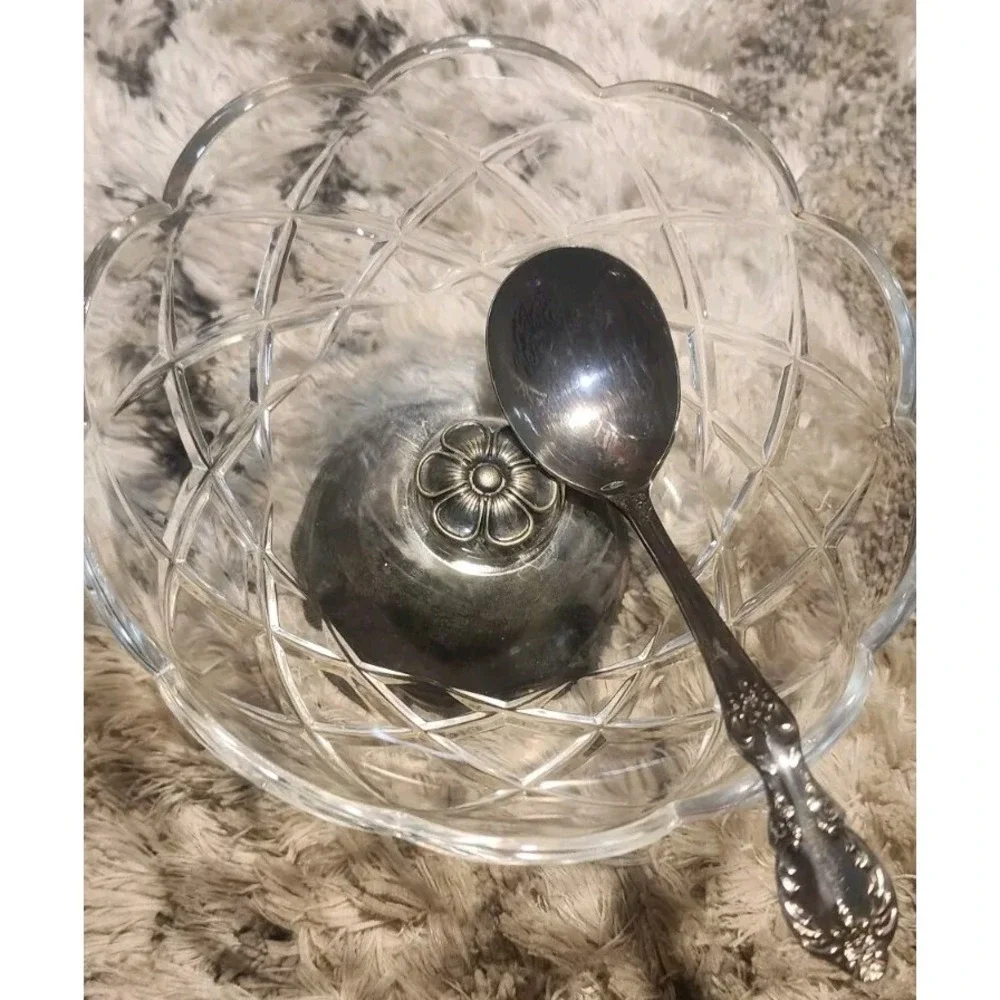 Crystal/Silverplate‎ Small Candy Dish WA Italy Vintage Flower. 2 Silver Spoons
